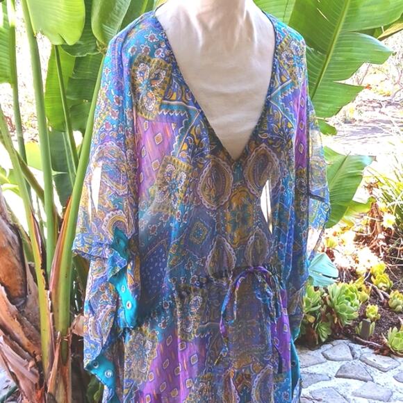 EXOTIC BEACH COVERUP Turqouise Sequins PLUS SIZE Paisely Gypsy Mirror One Size - Picture 3 of 10